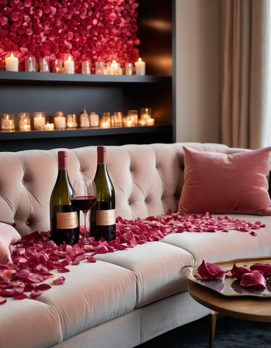 A luxurious and inviting setting with soft ambient lighting showcasing a curated collection of elegant, tasteful adult video covers displayed on a stylish wooden shelf. In the foreground, a plush velvet couch is adorned with scattered rose petals and a glass of fine wine, inviting viewers to indulge their senses. The background features subtle hints of a lavish, serene bedroom ambiance. elegant and refined. warm tones. soft focus.
