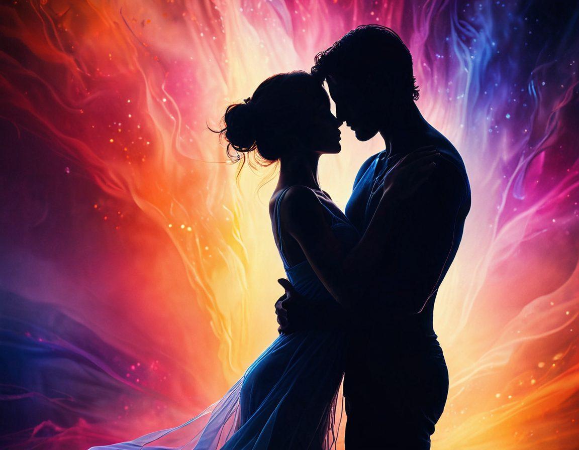 A seductive scene featuring a silhouette of a couple intertwined in a passionate embrace, surrounded by ethereal wisps of soft, shimmering light. Bold, vibrant colors create a dreamlike atmosphere, suggesting both intimacy and allure. In the background, hints of sensual abstract shapes enhance the mood, capturing the essence of ecstasy. A modern touch of elegance with a hint of mystery. super-realistic. vibrant colors. soft focus.